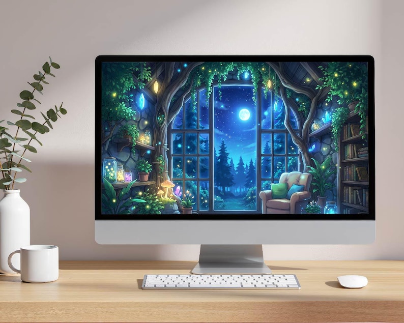 May include: A computer monitor displays a digital illustration of a cozy, whimsical room. The scene features a large window overlooking a moonlit forest, with a comfortable armchair, bookshelves, and glowing plants.