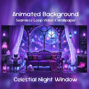 Può includere: Immagine di sfondo animata con un video in loop continuo e sfondo. La scena raffigura una finestra notturna celeste con una combinazione di colori viola. L'immagine include un divano, candele e una sedia con ali di pipistrello. Il testo recita "Animated Background" e "Celestial Night Window."