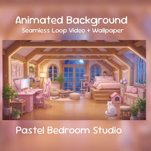 Sfondo animato anime/Studio camera da letto pastello, Stanza accogliente rosa, Loft del creatore, Gatto, Sovrapposizione Twitch, Streaming VTuber