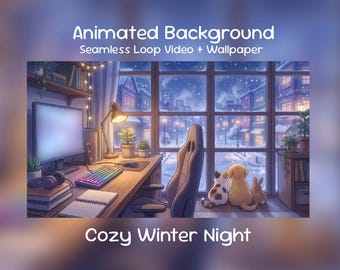 Anime Animated Background: Quiet Winter Night, Gaming Room, Cat, Dog, Bedroom, Twitch Overlay, VTuber Stream