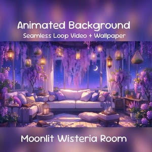 Moonlit Wisteria Room Anime Animated Background| Moon Garden Night, Starlit Violet Lounge, Twitch Overlay, VTuber Stream