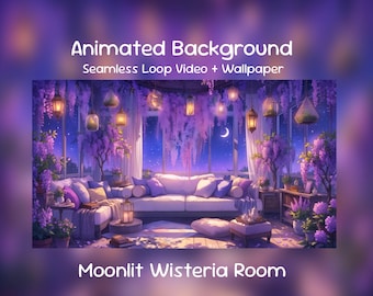 Moonlit Wisteria Room Anime Animated Background| Moon Garden Night, Starlit Violet Lounge, Twitch Overlay, VTuber Stream