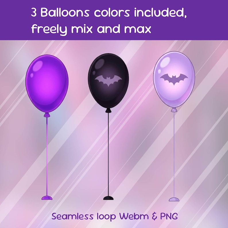 May include: Three cartoon balloons in purple, black, and lavender. The black and lavender balloons feature a bat silhouette. Text at the top reads "3 Balloons colors included, freely mix and max." The bottom text says "Seamless loop Webm & PNG."