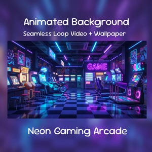 May include: An animated background image of a neon gaming arcade. The scene features arcade machines, a motorcycle, and the word "GAME" in neon lights. The image is a seamless loop video and wallpaper.