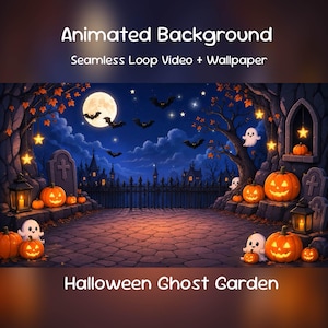 Puede incluir: Animated Background Seamless Loop Video + Wallpaper Halloween Ghost Garden. Una escena nocturna con luna llena, murciélagos, calabazas iluminadas, fantasmas blancos, lápidas y linternas en un camino de piedra con una silueta de castillo.