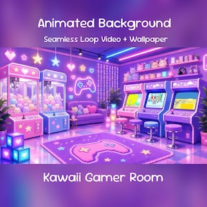 May include: An animated background featuring a purple-themed room with two claw machines filled with plush toys, a purple sofa, three arcade cabinets with stools, and a rug with a game controller design. Text reads: Animated Background Seamless Loop Video + Wallpaper Kawaii Gamer Room.