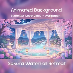May include: An animated background image of a Japanese spa scene. The artwork depicts a gazebo with hanging lights, a waterfall, and a pool surrounded by cherry blossoms and lanterns. Text reads "Animated Background" and "Sakura Waterfall Retreat."