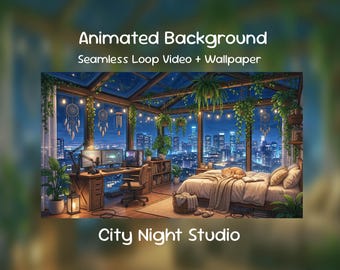 Estudio de anime nocturno en la ciudad, fondo animado/habitación con plantas verdes, espacio de trabajo de medianoche, lofi, superposición de Twitch, transmisión de VTuber