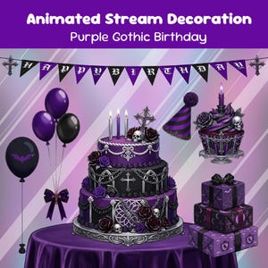 May include: A purple gothic birthday scene with a three-tiered cake, balloons, and gifts. The cake is decorated with skulls, roses, and crosses. The scene includes a banner that says "Happy Birthday".