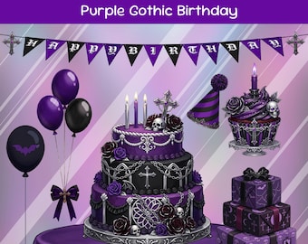 Purple Gothic Birthday Stream Decorations Pack | Flag Banner Triangle| Goth Party Twitch Overlay Assets