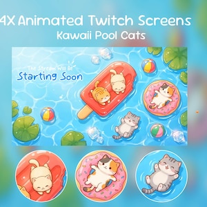 Puede incluir: Ilustración digital para pantallas de Twitch, que representa gatos de dibujos animados en una piscina. La imagen muestra un flotador de paleta con gatos, un flotador de rosquilla con un gato y gatos nadando. El texto dice "4X Animated Twitch Screens Kawaii Pool Cats" y "The Stream Will Be Starting Soon."