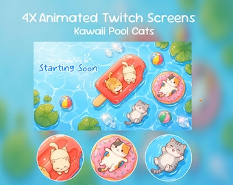 Kawaii Pool Katzen Twitch Screens, Sommer Schwimm Tag, Chill Cat Splash, Vtuber Overlay Pack