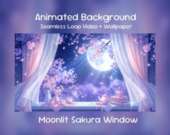 Anime Animated Background: Moonlit Sakura Window, Purple Night Glow, Dream Night, Blossom Room, Twitch Overlay, VTuber Stream