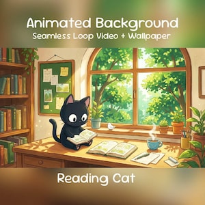 Könnte beinhalten: Animierter Hintergrund mit einer schwarzen Katze, die ein Buch liest. Die Szene zeigt ein Bücherregal, ein Fenster mit Blick auf Bäume und den Text "Animated Background Seamless Loop Video + Wallpaper" und "Reading Cat".