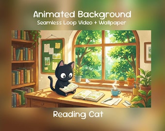 Anime Animated Background: Reading Cat, Study Buddy, Green Window, Twitch Overlay, Lofi, VTuber Stream