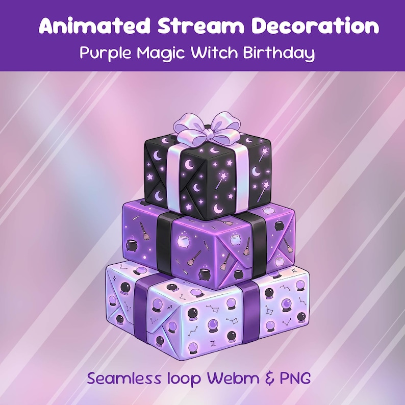May include: Three stacked gift boxes with purple and black wrapping paper. The top box has a black background with white crescent moons, stars, and magic wands. The middle box has purple wrapping paper with cauldrons and brooms. The bottom box has purple wrapping paper with crystal balls and zodiac signs. The text at the top says "Animated Stream Decoration Purple Magic Witch Birthday".