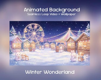 May include: An animated winter wonderland scene with a Ferris wheel, market stalls, and cute animal characters. The image includes the text "Animated Background" and "Winter Wonderland". The scene is set at night with a starry sky.