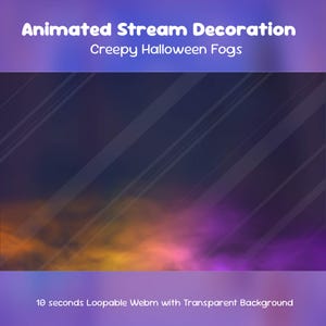 Puede incluir: Decoración animada para streaming con Creepy Halloween Fogs y efectos de humo naranja y morado. El archivo digital es un Webm de 10 segundos en bucle con fondo transparente, sobre un fondo de degradado de color morado oscuro.