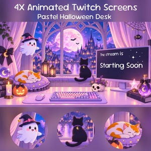 Può includere: Quattro schermate Twitch animate con un tema scrivania di Halloween color pastello. La scena include un fantasma con cappello da strega, un gatto arancione e bianco che dorme, un gatto nero, una zucca, un teschio e il testo The stream is Starting Soon.