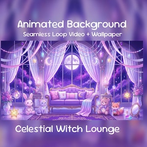 May include: An animated background image with a celestial witch lounge theme. The image features a purple and pink color scheme, with a full moon visible through large windows. The text "Animated Background" and "Celestial Witch Lounge" are displayed.