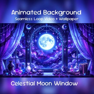 Puede incluir: Imagen de fondo animada de una ventana lunar celestial. La imagen muestra una luna llena, estrellas y nubes a través de una ventana con cortinas moradas. El texto "Animated Background" y "Seamless Loop Video + Wallpaper" se muestra en la parte superior.