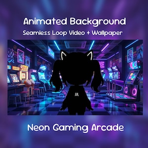 May include: An animated background featuring a neon gaming arcade scene. The image includes the text "Animated Background" and "Seamless Loop Video + Wallpaper". The words "Neon Gaming Arcade" are also displayed. The scene is filled with arcade machines and neon lights.