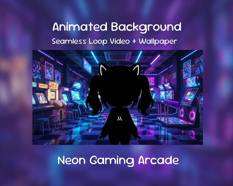 May include: An animated background featuring a neon gaming arcade scene. The image includes the text "Animated Background" and "Seamless Loop Video + Wallpaper". The words "Neon Gaming Arcade" are also displayed. The scene is filled with arcade machines and neon lights.