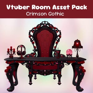 Paquete de recursos y fondo de sala VTuber de Crimson Gothic: Vampiro de medianoche / Silla, escritorio, micrófono / Accesorios / Superposición - Kit de transmisión 2D