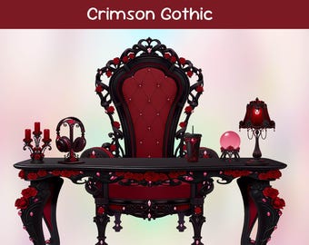 Pacchetto risorse e sfondo Crimson Gothic VTuber Room: Midnight Vampire / Sedia, scrivania, microfono / Oggetti di scena / Sovrapposizione - Kit streaming 2D
