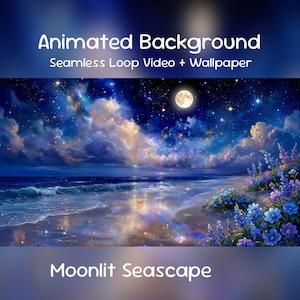 Może przedstawiać: Animowane tło przedstawiające oświetlony księżycem krajobraz morski. Scena przedstawia plażę z falami, gwiaździste niebo i chmury. Obraz zawiera tekst "Animated Background" i "Moonlit Seascape".