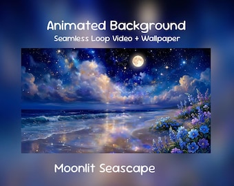 Fondo animado de anime: Paisaje marino iluminado por la luna, Océano a medianoche, Playa de ensueño, Superposición de Twitch, Transmisión de VTuber