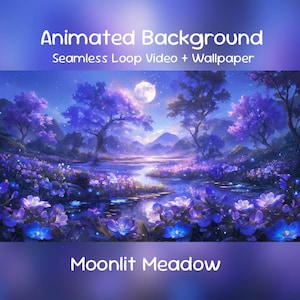 Puede incluir: Ilustración digital de un prado iluminado por la luna, ofrecida como vídeo en bucle continuo y fondo de pantalla. La escena presenta una luna llena, árboles morados y un río que atraviesa flores azules y moradas. El texto dice "Animated Background" y "Moonlit Meadow."