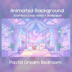 May include: An animated background image of a pastel dream bedroom. The scene features a large bed with cartoon characters, a window with a crescent moon, and the text "Animated Background Seamless Loop Video + Wallpaper" and "Pastel Dream Bedroom".