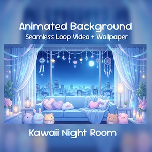 Könnte beinhalten: Animierter Hintergrund mit dem Text "Animated Background Seamless Loop Video + Wallpaper" und "Kawaii Night Room". Das Bild zeigt einen blauen Raum mit Stadtblick, ein Sofa mit herzförmigen Kissen und niedlichen Cartoon-Charakteren.