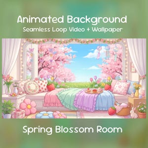 Animerad bakgrund | Vårblommande rum, kawaii-fönster, pastellfärgad sakura, Lofi, Twitch-överlägg, VTuber-stream