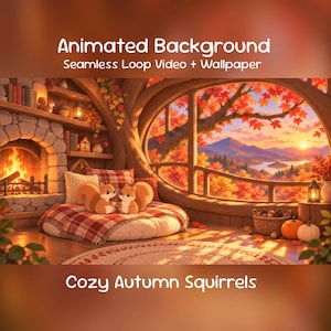 Könnte beinhalten: Animated Background Seamless Loop Video + Wallpaper Cozy Autumn Squirrels. Eine digitale Illustration eines gemütlichen Raums mit Kamin, einem runden Bett mit karierter Decke, zwei Eichhörnchen und einem großen Fenster mit Blick auf eine Herbstlandschaft.