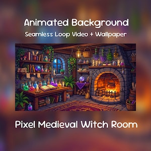 May include: Digital illustration of a medieval witch room with a fireplace, shelves of books and potions, and a table with a glowing candle. The text reads "Animated Background" and "Pixel Medieval Witch Room."