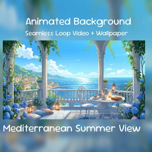 Könnte beinhalten: Animierter Hintergrund mit mediterraner Sommeransicht. Das Bild zeigt einen Balkon mit weißen Säulen, einen Tisch für zwei Personen und Meerblick. Der Text auf dem Bild lautet "Animated Background" und "Seamless Loop Video + Wallpaper."