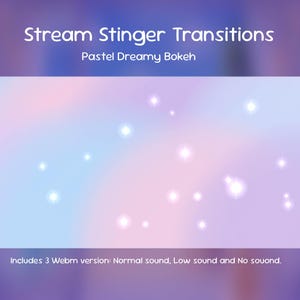 Peut inclure: Un graphique numérique avec le texte Stream Stinger Transitions et Pastel Dreamy Bokeh. L'arrière-plan présente un dégradé doux de tons pastel rose, bleu et violet avec des effets de lumière bokeh blancs dispersés. Inclut 3 versions Webm.