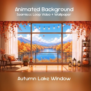May include: Animated Background Seamless Loop Video + Wallpaper Autumn Lake Window. A view through a large window showing a blue lake surrounded by orange autumn trees, mountains, string lights, a chair, and a shelf with pumpkins.