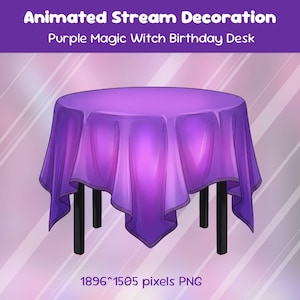 May include: A round table with a draped purple tablecloth. The tablecloth has a ruffled edge and covers the table completely. The table has black legs. Text at the top reads "Animated Stream Decoration Purple Magic Witch Birthday Desk".