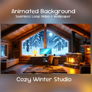Animerad bakgrund - Mysig vinterstudio, snö, öppen spis | Streama YouTube Twitch Zoom Vtuber Bakgrund