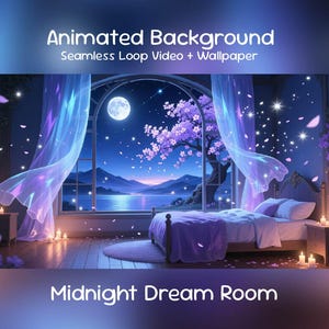 Op de afbeelding: Een geanimeerde achtergrondafbeelding van een slaapkamer 's nachts. De kamer heeft een bed, een groot raam met uitzicht op een volle maan en vloeiende gordijnen. De tekst op de afbeelding luidt "Animated Background" en "Midnight Dream Room."