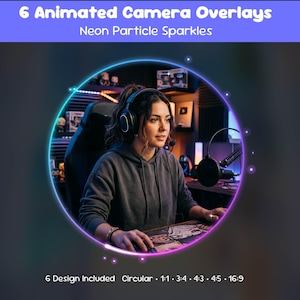 May include: A digital graphic overlay featuring a circular neon light border with particle sparkles. The text reads 6 Animated Camera Overlays Neon Particle Sparkles and 6 Design Included Circular 1:1 3:4 4:3 4:5 16:9. The design frames a person wearing headphones.