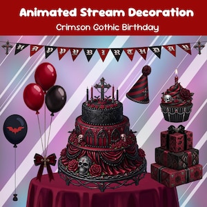 Op de afbeelding: Een gotische verjaardagsscène in rood en zwart met een drielaagse taart, ballonnen, cupcakes en cadeaus. De taart is versierd met schedels en rozen. De banner zegt "HAPPY BIRTHDAY".