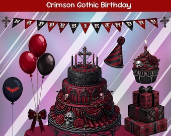 Decoraciones animadas góticas carmesí para streaming de cumpleaños / Recursos de superposición para Twitch / Pastel, globos, pancarta