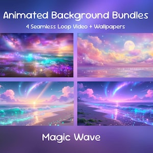 Peut inclure: Un ensemble d'art numérique avec quatre vidéos en boucle transparente et fonds d'écran. Les images présentent des paysages oniriques et colorés avec des vagues océaniques, des ciels étoilés et des nuages vibrants. Le texte indique "Animated Background Bundles" et "Magic Wave."