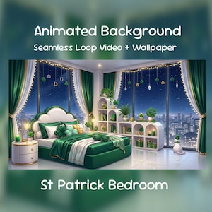 Könnte beinhalten: Eine animierte Schlafzimmerszene zum St. Patrick's Day mit grünen und weißen Farbtönen. Das Bild zeigt ein Bett, einen Nachttisch, Bücherregale und eine Skyline. Der Text lautet "Animated Background Seamless Loop Video + Wallpaper".