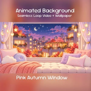 Puede incluir: Animated Background Seamless Loop Video + Wallpaper Pink Autumn Window. Una vista desde la ventana de una ciudad de noche con árboles de otoño, una luna creciente y estrellas. Un asiento junto a la ventana con cojines rosas y morados y una manta de punto coral.