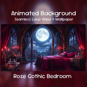 Puede incluir: Ilustración digital de un dormitorio gótico rosa con una luna llena visible a través de una gran ventana arqueada. La habitación presenta una cama con ropa de cama burdeos, cortinas rojas y velas encendidas. El texto dice "Animated Background Seamless Loop Video + Wallpaper".